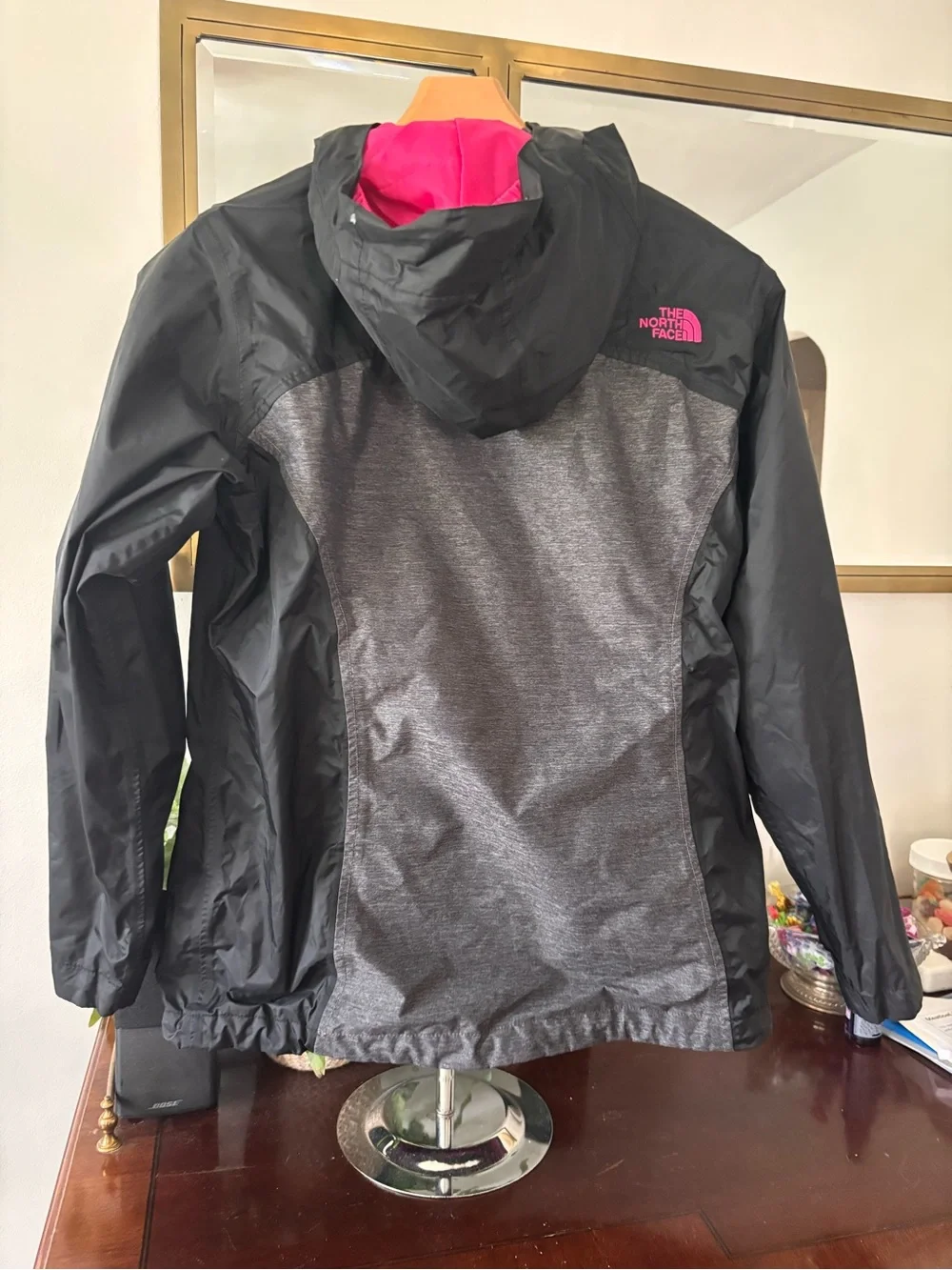 The North Face Kids Black & Gray Rain Jacket with Pink Zipper